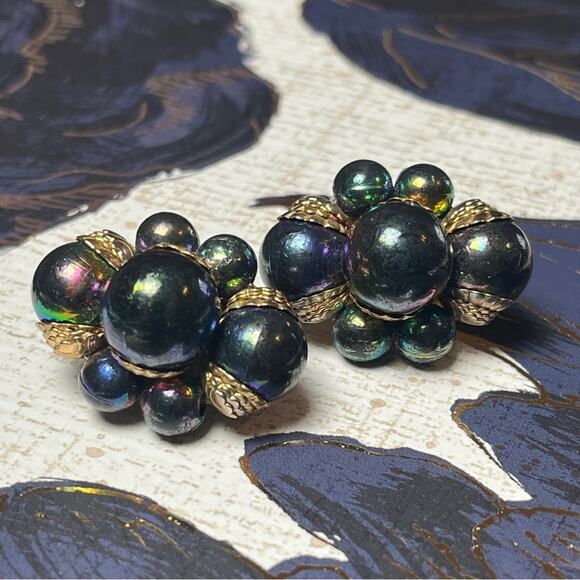 Vintage 80s Gold Purple & Green CHROME Bead Cluster Large Oversized Earrings D1 - Picture 4 of 8